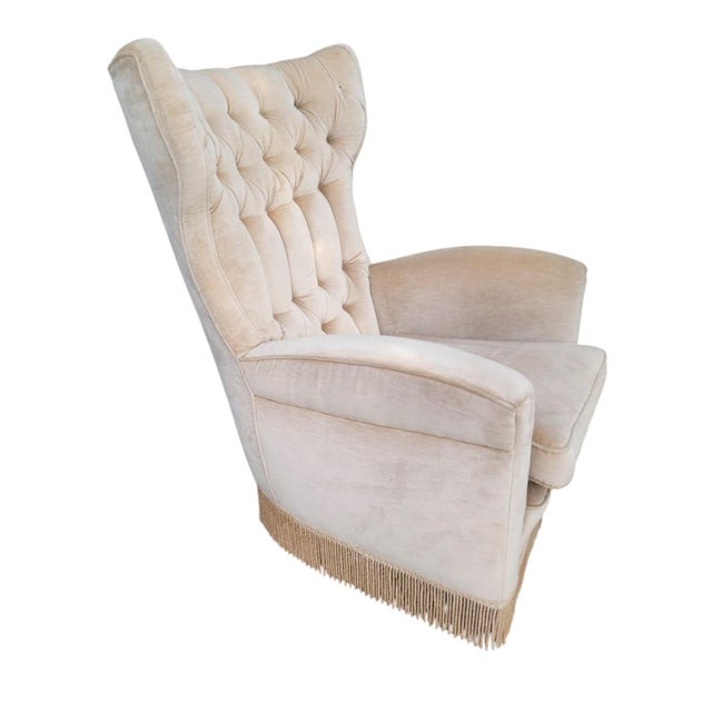 Mid-Century Modern Vintage High-Backed Velvet Bergère Armchair, 1970s For Sale - Image 3 of 6