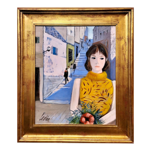 Charles Levier -Elegant Parisian Girl in the Street-1960s Oil Painting