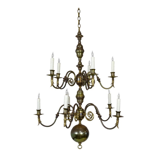 Dutch Baroque 2-Tier Brass Scroll Candlestick Chandelier For Sale