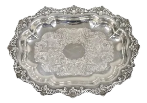 Vintage English Victorian Oval Silver Plated Ornate Scalloped Trinket Dish Tray