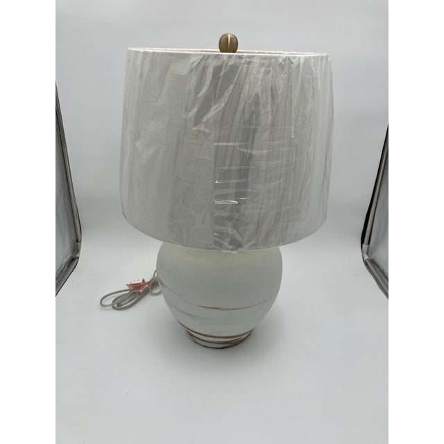 2010s Sahara Sand White Ceramic Table Lamps With Hand Painted Brush Strokes With Shades - a Pair For Sale - Image 5 of 11