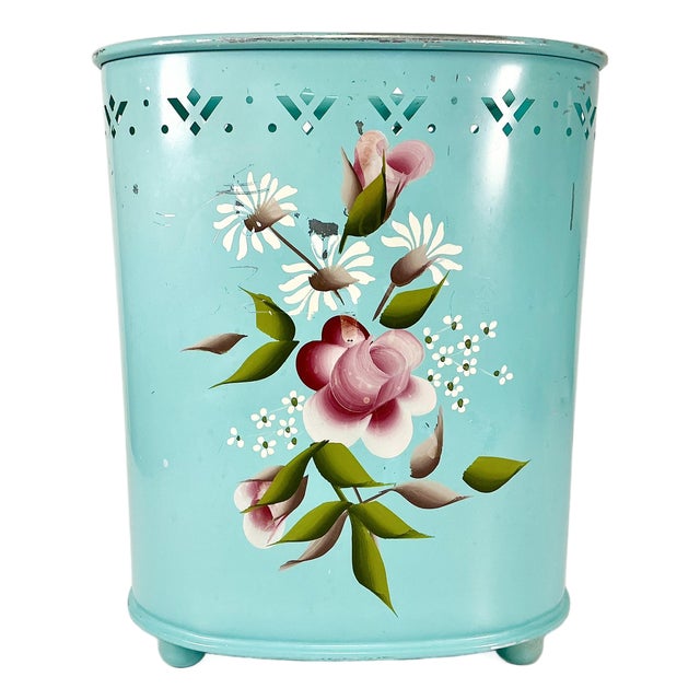 1950s Vintage Hollywood Regency Boho Chic Turquoise Handpainted Flora Metal Wastebasket For Sale