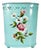 1950s Vintage Hollywood Regency Boho Chic Turquoise Handpainted Flora Metal Wastebasket For Sale