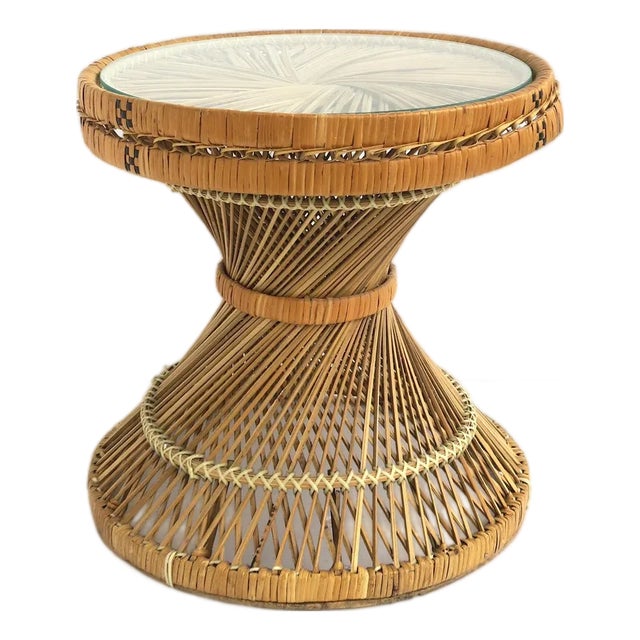 Wicker and Glass Side Drinks Table, Circa Mid-20th Century For Sale