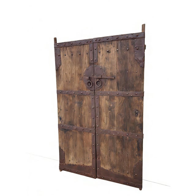 Chinese 19th Century Chinese Wood Doors With Iron Bands & Studs For Sale - Image 3 of 4