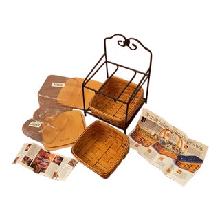 Vintage Signed 2001 Longaberger Tapered Office Paper Tray 2 Baskets Protectors & Wrought Iron Stand For Sale