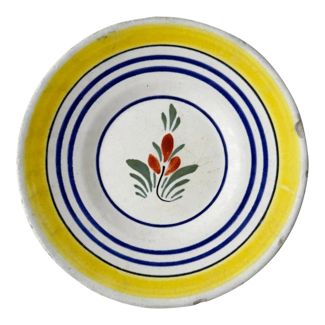 Antique French Henriot Quimper Hand Painted Plate With Flower For Sale