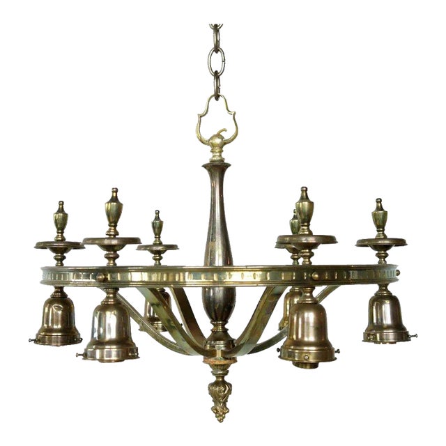 1920s Vintage American Brass 6-Light Chandelier For Sale