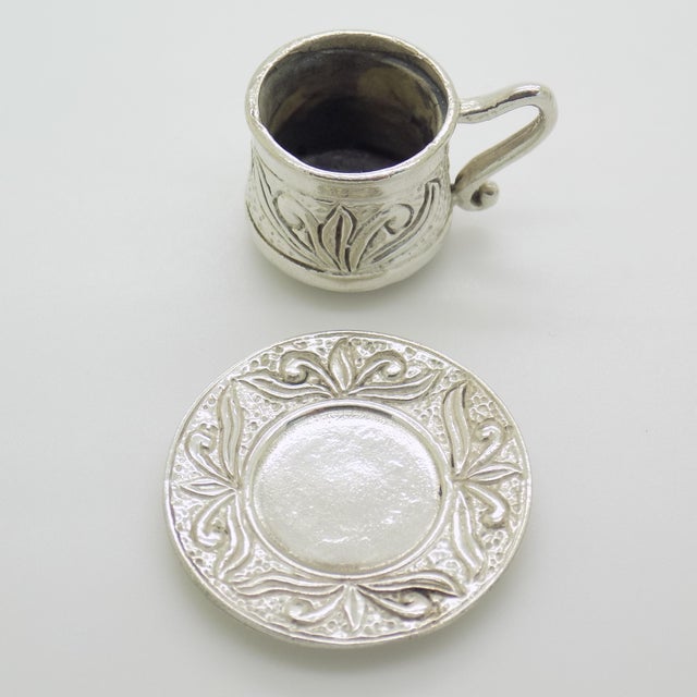 Vintage Italian Handmade Genuine Silver Coffee Cup and Saucer Dollhouse Miniature, 1970s, Set of 2 For Sale - Image 3 of 11