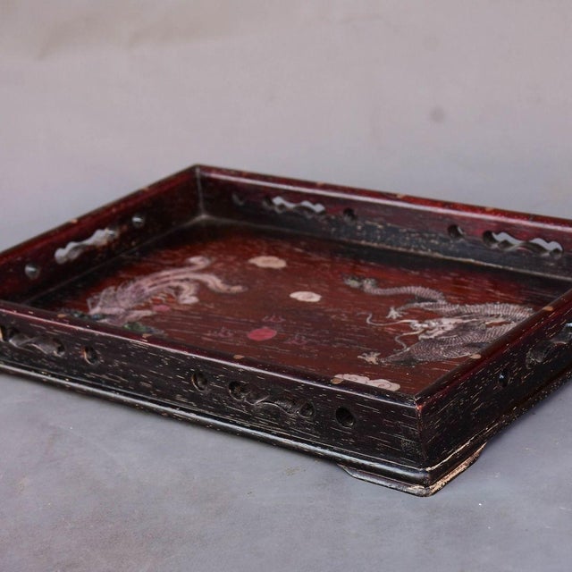Late 20th Century Vintage Zitan Wood Tray With Mother-of-Pearl Dragon & Phoenix Inlay For Sale - Image 5 of 8
