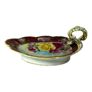 Vintage Nippon Hand Painted Dresser Dish - Gold Accents, Yellow & Magenta Roses, Sculpted Handle
