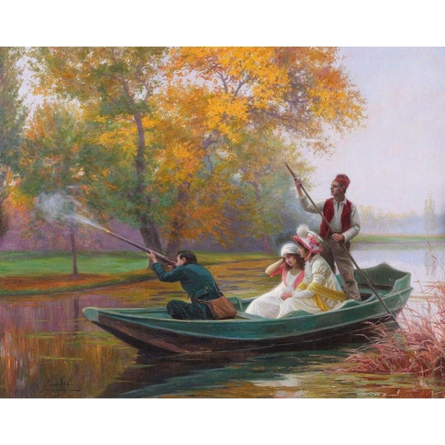 An impressive large-scale sporting and hunting painting by Jules Girardet (1856–1946), executed in oil on canvas and...