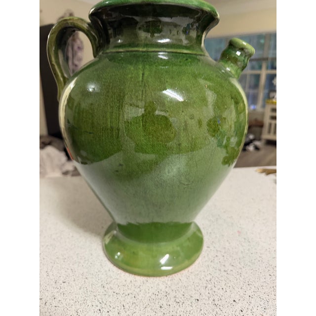 French 1980s French Pottery Terracotta Cruche Green Glaze Earthenware Planter 14in For Sale - Image 3 of 7
