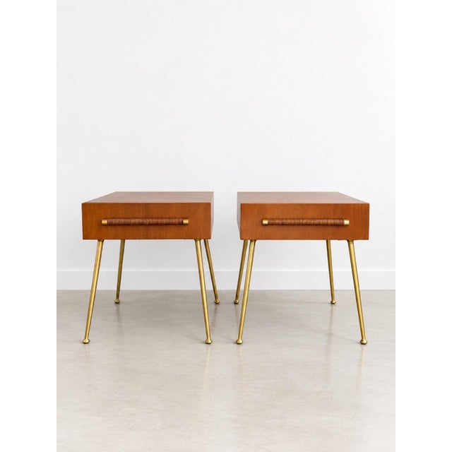T.H. Robsjohn-Gibbing's most desirable nightstands feature stunning brass splayed legs, bleached walnut drawer (but...