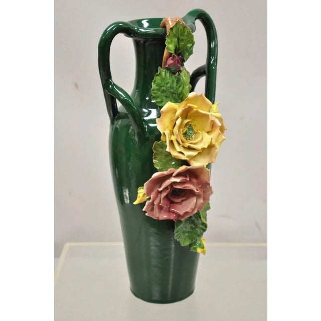 Vintage Victorian Style Green Ceramic Capodimonte 18" Vase with Pink Yellow Flowers. Item features yellow and pink applied...