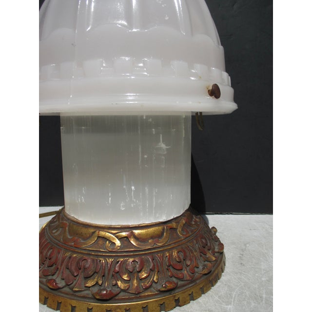 Senalite stone base on a carved solidwood gilt base and American Milk Glass dome shade. Terrific night light with an...