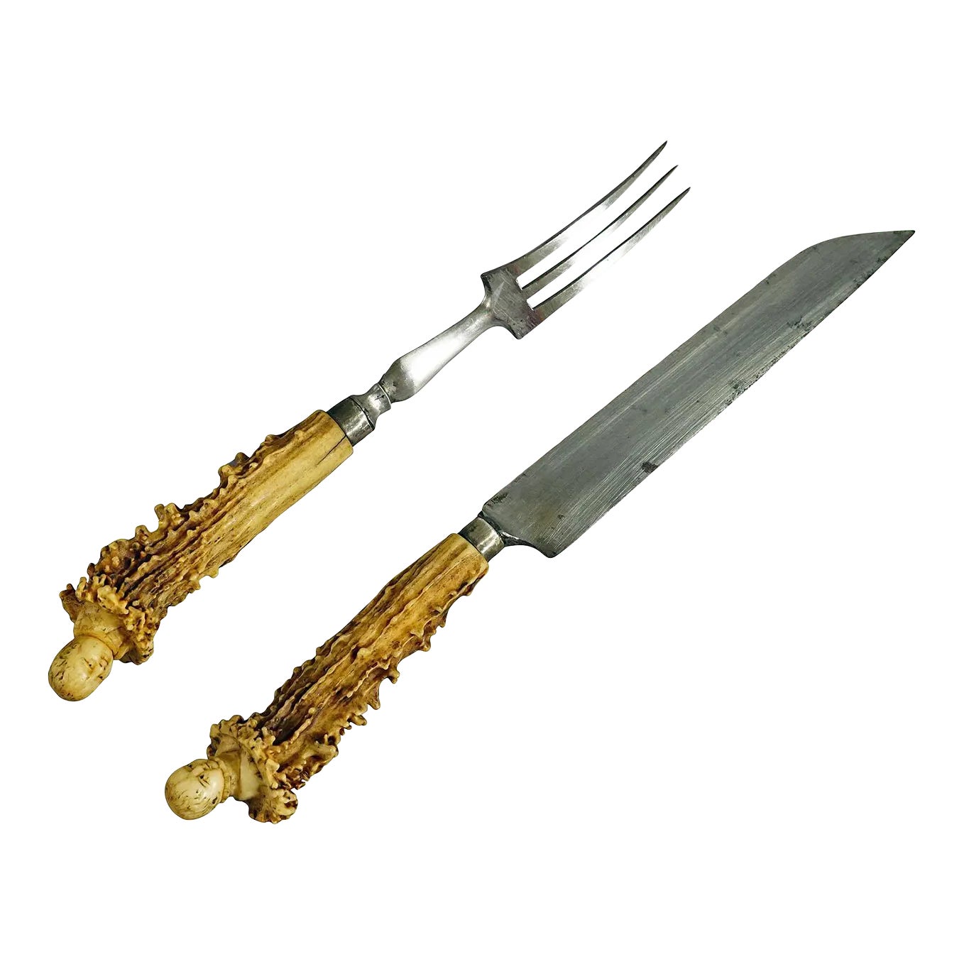 Antique Set of Rustic Serving Cutlery With Carved Horn Handles 19th