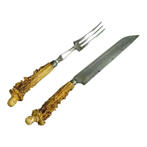 Antique Set of Rustic Serving Cutlery With Carved Horn Handles 19th