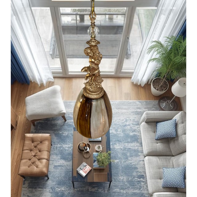 Glass Murano Art Glass Aventurine Ovoid Shade With a Cherub Sculpture Pendant Light For Sale - Image 7 of 18