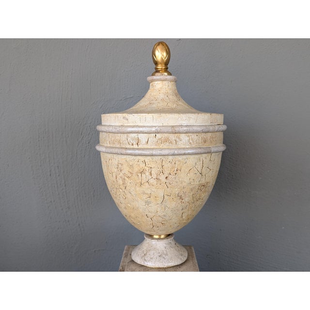 Vintage Hollywood Regency tessellated marble and faux travertine plaster chalice. This glamourous chalice is in excellent...