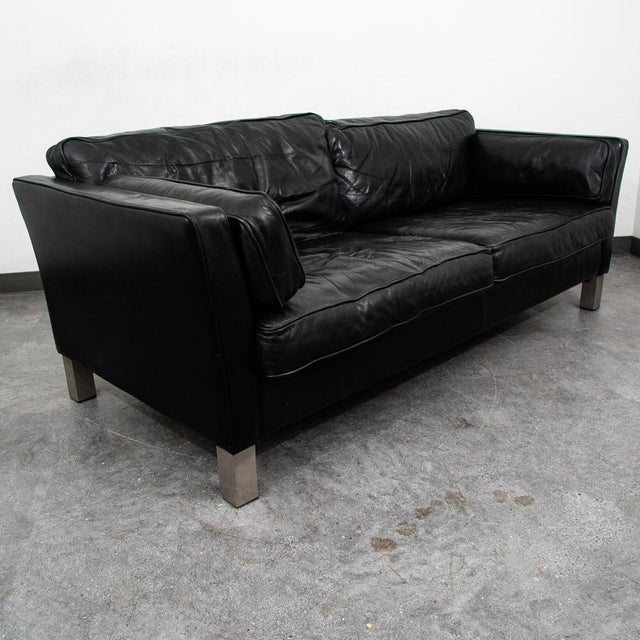 Mid Century Danish Modern Sofa Couch 2 Seat Leather Black Settee Metal Chrome Nm For Sale - Image 4 of 11