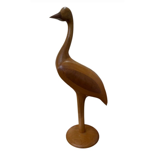 Mid-Century Modern Mid-Century Modern Vintage Hand-Carved Teak Wood Crane Shorebird Sculpture – 37" For Sale - Image 3 of 12