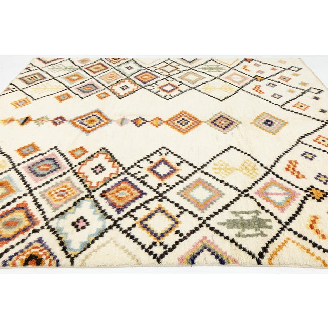 Ivory Modern Moroccan Style Hand-Knotted Wool Rug With Colorful Geometric Diamond For Sale - Image 8 of 12
