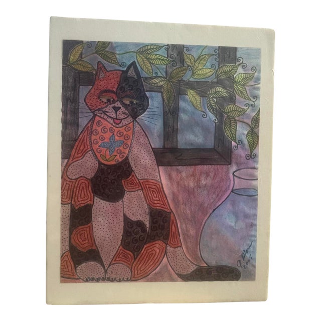 Jude Kirby Original Folk Art. “Fat Cat” Oil Pastel on Paper. For Sale