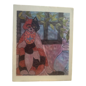 Jude Kirby Original Folk Art. “Fat Cat” Oil Pastel on Paper.