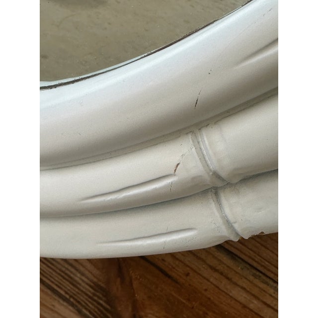 Vintage Coastal White Shabby Chic Faux Bamboo Pagoda Leaf Oval Wall Mirror For Sale - Image 10 of 12