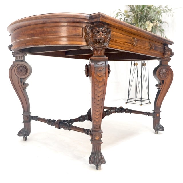 Baker Furniture Company Carved Lion Face & Foot Legs Renaissance Revival Inlaid Walnut Center Table MINT For Sale - Image 4 of 16
