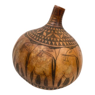 1960s Large and Decorative African Gourd With Elephant Herd Design For Sale