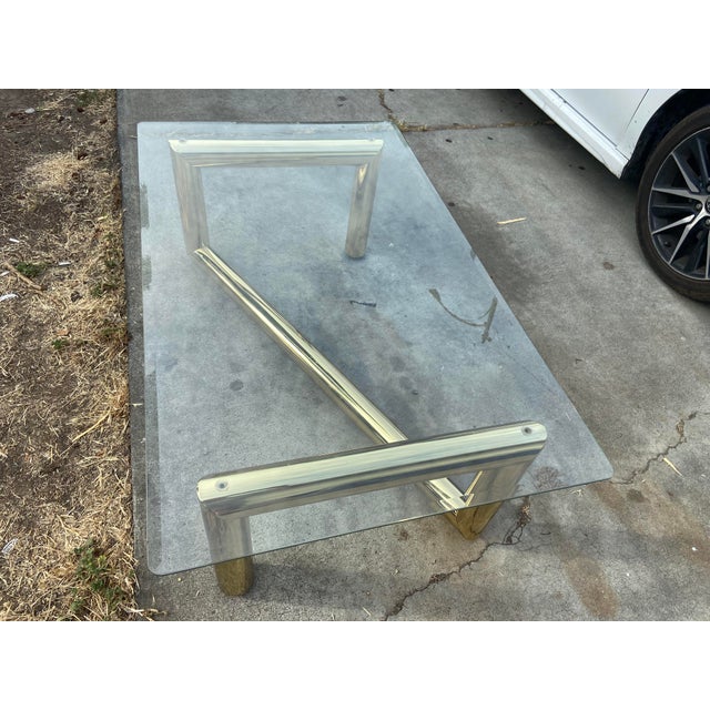 1970s Attributed to Karl Springer Hollywood Regency Style MCM Brass Tubular Coffee Glass Table For Sale - Image 17 of 18