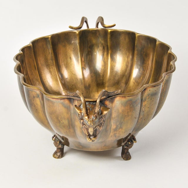 Metal Vintage Brass Ram Head Footed Bowl Centerpiece Jardiniere Cache Pot Hollywood Regency Decor For Sale - Image 7 of 12