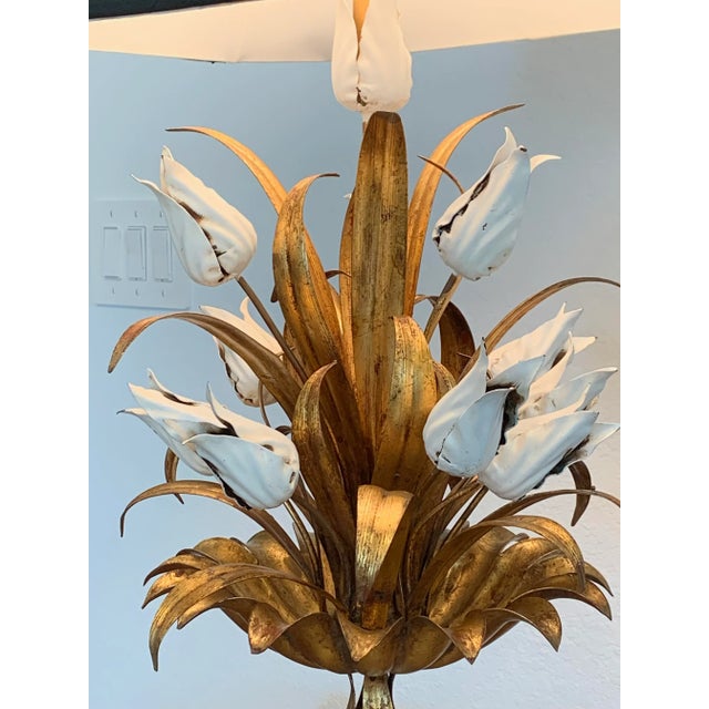 1970s Gilded Italian Tole Lamp With Tulips For Sale - Image 5 of 6