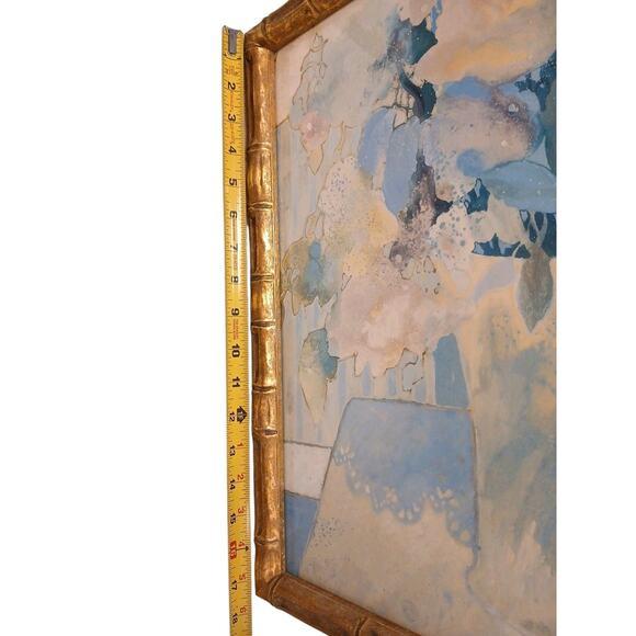 1950s Watercolor Painting Abstract Lt Blue Floral Wood Bamboo Frame Hollywood Regency For Sale - Image 12 of 14