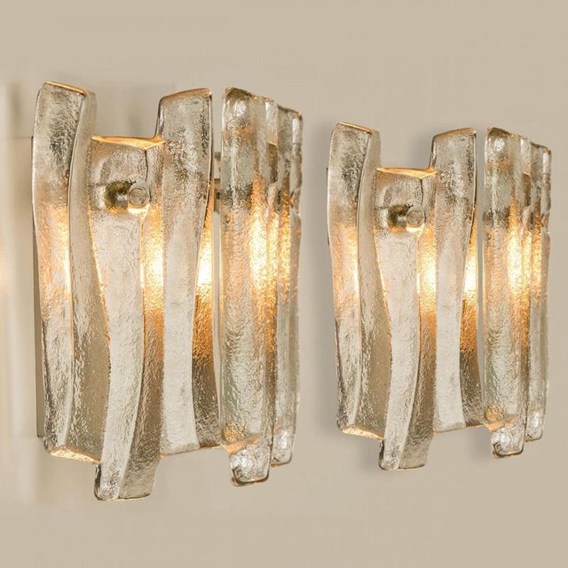 Textured Ice Glass Chrome Wall Lights attributed to J. T. Kalmar for Kalmar, 1970 For Sale - Image 3 of 11