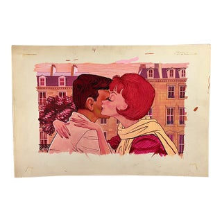 1950s Mid-Century Paris Lovers Original Painting For Sale