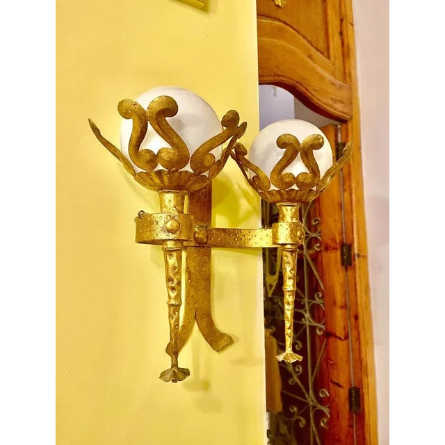 Spanish Wall Light in Gilt Iron with Milk Glass Globes, 1950, Set of 2 For Sale - Image 6 of 10