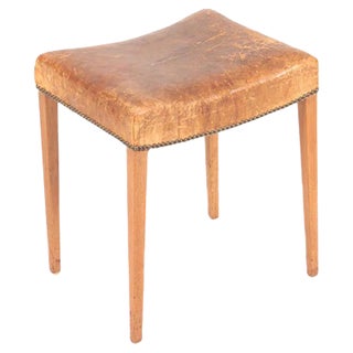 Patinated Leather and Oak Stool, 1950s For Sale