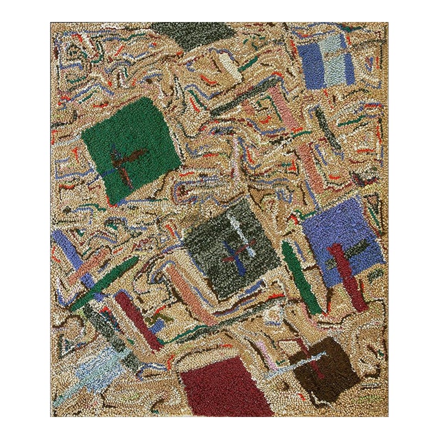 1930s Multicolor Geometric Antique American Hooked Rug 3'0" X 3'5" Handknotted Wool Carpet For Sale
