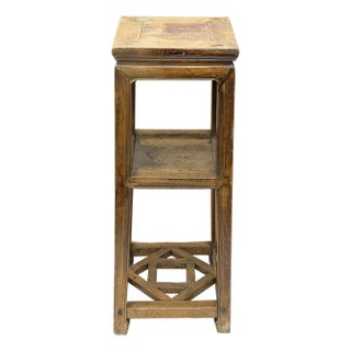 Vintage Patina Square Slim Wood Pedestal Display Stand Side Table For Sale