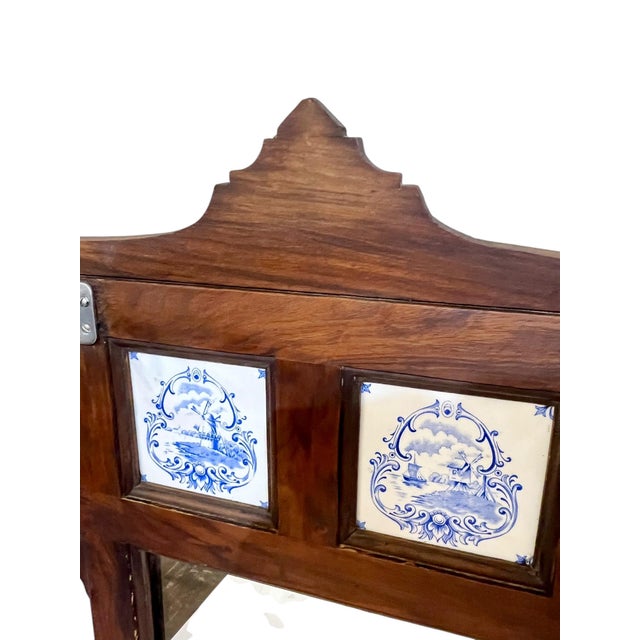 Antique English Walnut Mirrored Coat Hat Rack With Dutch Blue and White Ceramic Tiles For Sale - Image 9 of 18