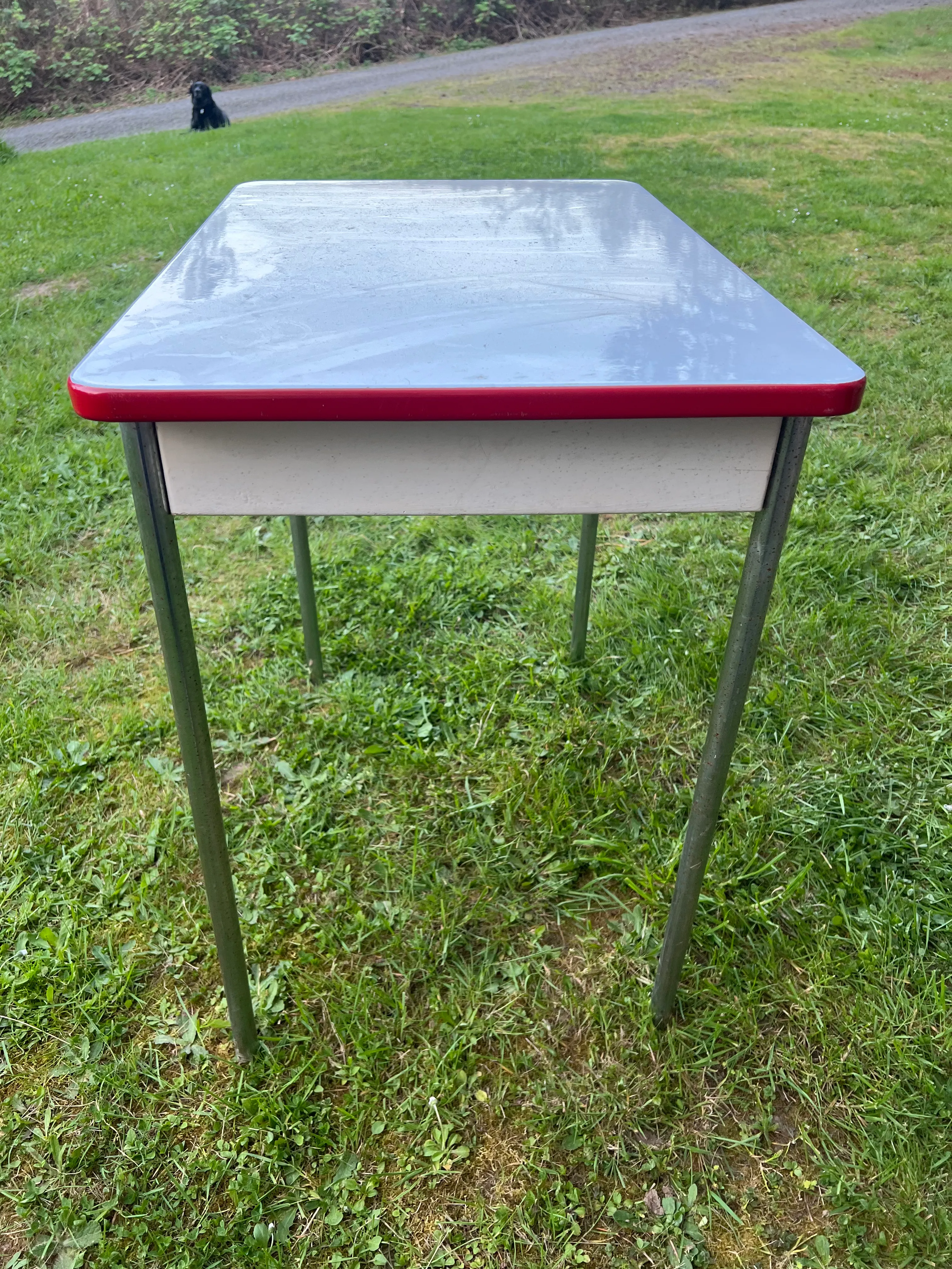 Charming Farmhouse Style White Enamel Top Table | Chairish