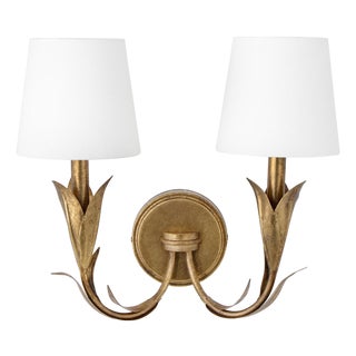 River Reed Sconce Double, Antique Gold Leaf with Natural Linen Shade For Sale