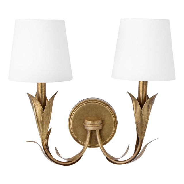 River Reed Sconce Double, Antique Gold Leaf with Natural Linen Shade For Sale