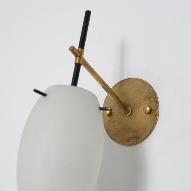 Mid-Century Modern Mid-Century Italian Wall Sconces in Brass, Black Lacquer and Opaline Glass, 1950s, Set of 2 For Sale - Image 3 of 11