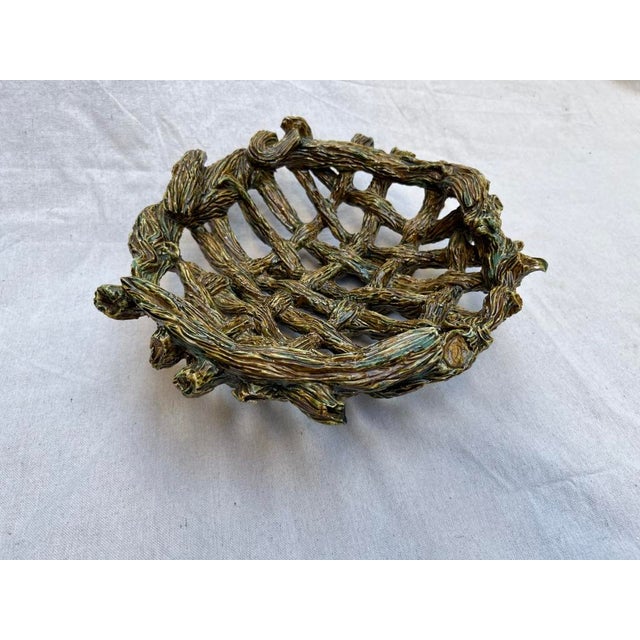 Rustic Palissy Style Pottery Woven Basket For Sale - Image 3 of 10