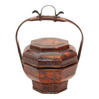 Vintage Wedding Chinese Basket Red Lacquer With Floral Frieze and Bird Motifs For Sale