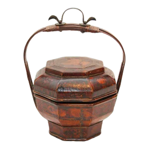 Vintage Wedding Chinese Basket Red Lacquer With Floral Frieze and Bird Motifs